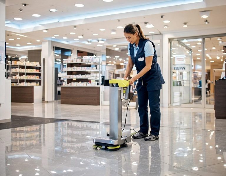 professional office cleaning service Glasgow A professional office cleaning scene in Edinburgh showing a cleaner using high-quality equipment to sanitise desks and wipe surfaces.