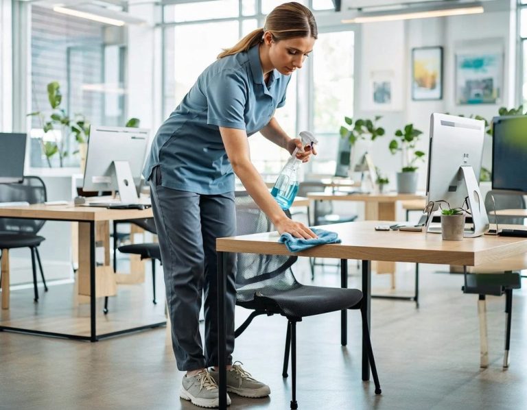 professional office cleaning Edinburgh by Greenglide cleaners A professional office cleaning scene in Edinburgh showing a cleaner using high-quality equipment to sanitise desks and wipe surfaces.